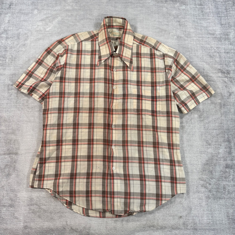 VTG Kmart Shirt Mens Large Brown Plaid 70s Permanent Press Retro Pointed Collar
